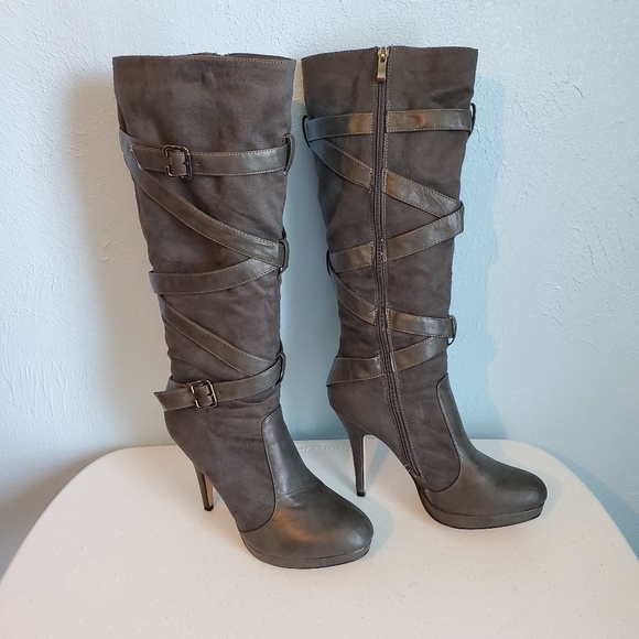 Bamboo Shoes - Bamboo buckle heel gray boots with box